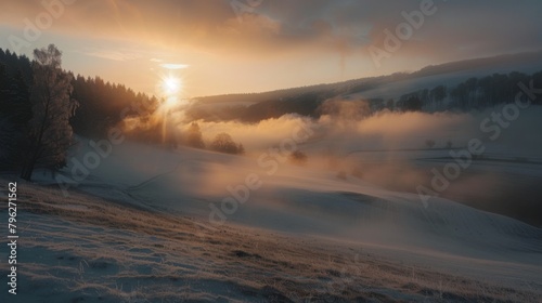 The sun rises over a fog-covered landscape  casting long shadows and creating a mystical ambiance of anticipation and possibility.