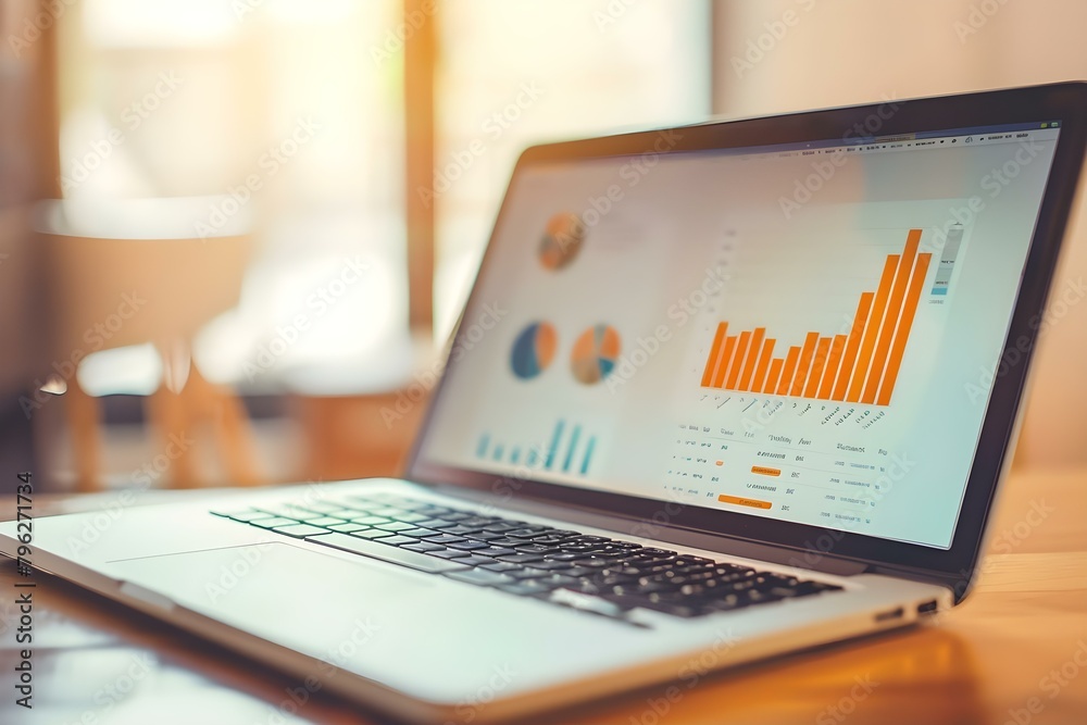 Laptop screen showing different modules of an online business management course. Concept Online Business Management Course, E-Learning Platforms, Digital Marketing Strategies, Website Analytics