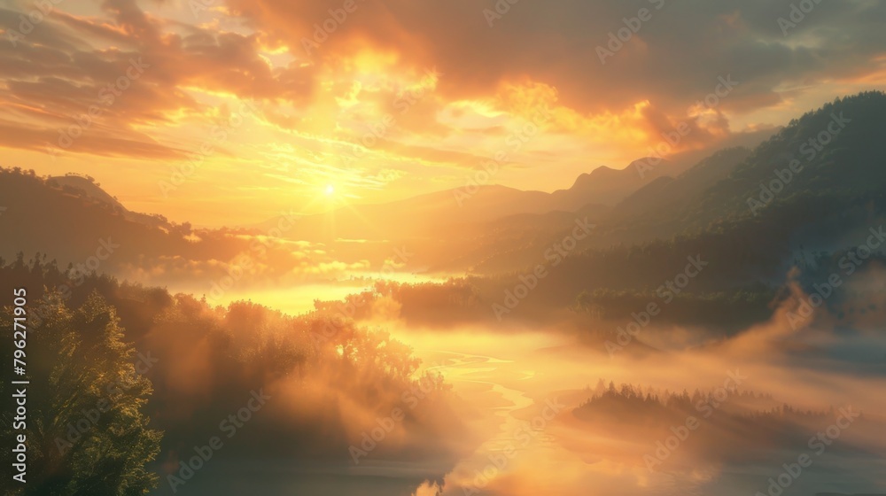The sun rises over a mist-covered valley, casting a warm glow on the tranquil landscape below, a serene moment of awakening and possibility.