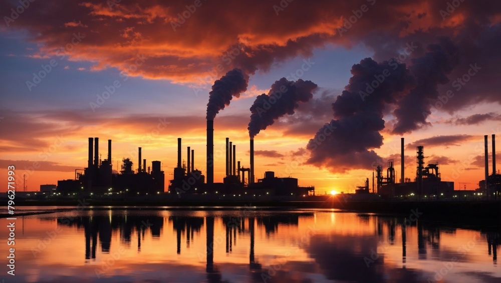 The silhouette of an industrial complex against a vibrant sunset creates a visual contrast between the beauty of nature and the environmental impact of industry