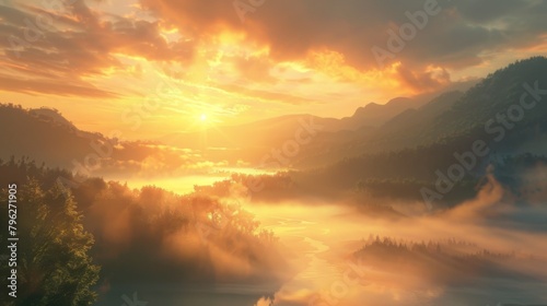 The sun rises over a mist-covered valley, casting a warm glow on the tranquil landscape below, a serene moment of awakening and possibility. © Plaifah