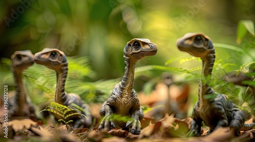 Tiny diplodocus puppies stretching their necks to nibble on low-hanging leaves
