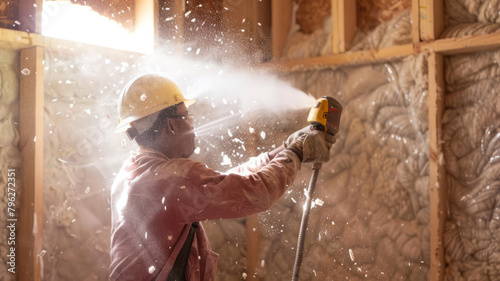 Shot of worker blowing loosefill insulation into wall cavity.generative ai photo