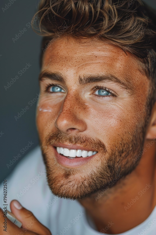 A close-up shot of a man with blue eyes, his facial features in focus, and a subtle smile on his face A close-up shot of a man with blue eyes, his facial features in focus, and a subtle smile on his face