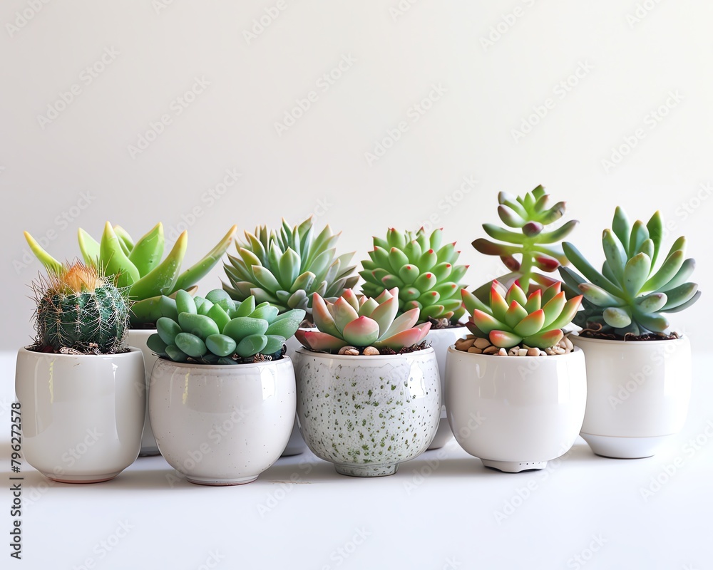 A group of different succulents in white pots on a white background.