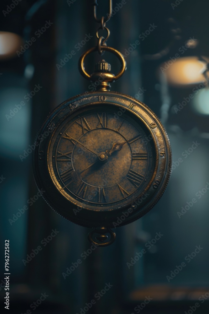 A clock hanging from a chain in a room. Suitable for interior design concepts