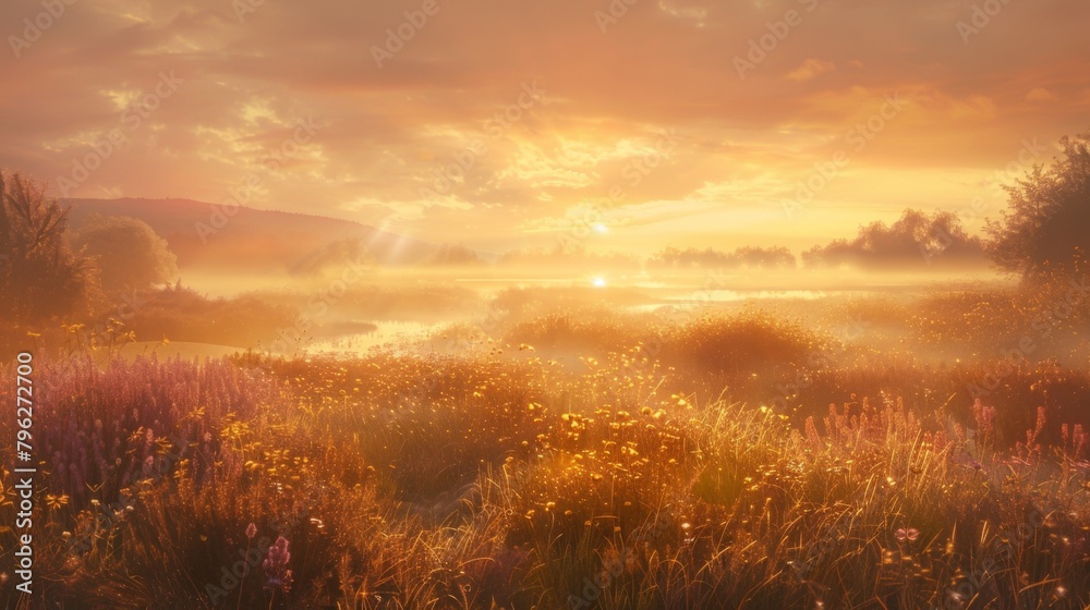 The sun's first rays illuminate a misty morning landscape, painting the sky in hues of gold and pink, heralding the start of a new day.
