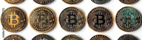 Set of classic engraved bitcoins, each showcasing detailed ornamental work, neatly isolated on white to emphasize the blend of oldworld charm with modern cryptocurrency photo