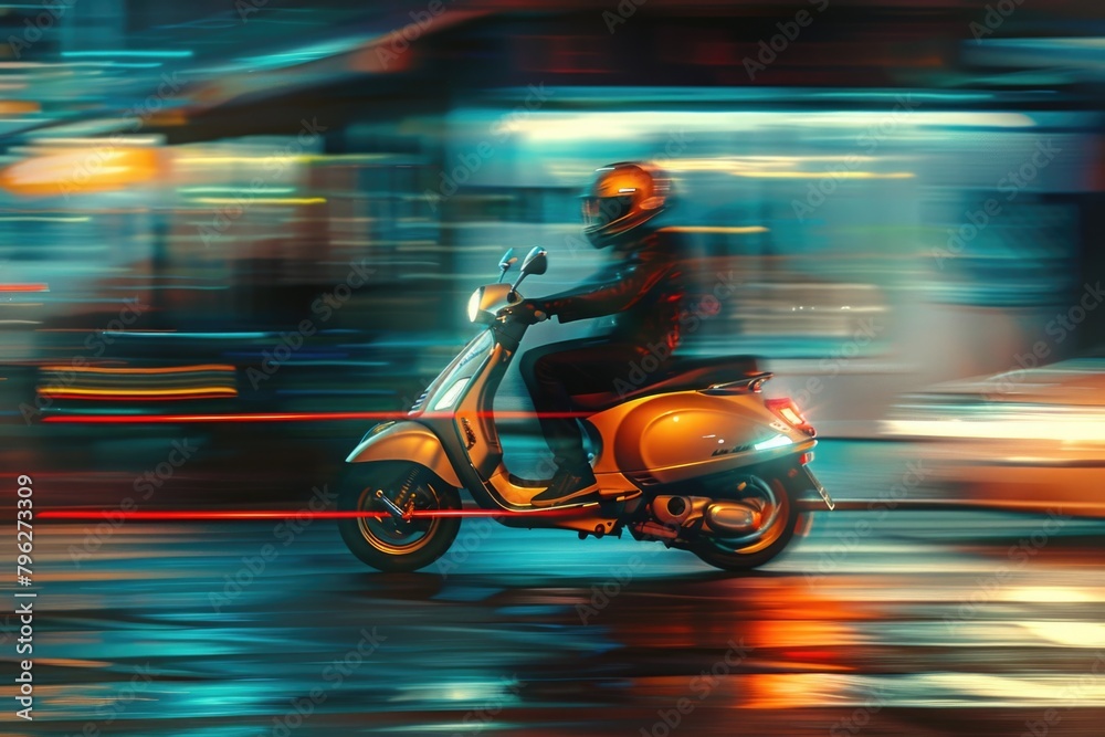 Fototapeta premium A man riding a scooter on a busy city street. Suitable for urban transportation concepts