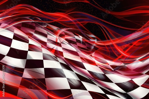 Red and black checkered flag on a black background. Suitable for sports events or racing themes