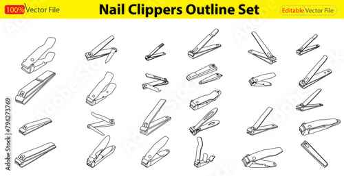 Set Nail Cutter line art vector.  vector set of nail clipper. Nail manicure icons set. Outline set of nail manicure vector icons for web design isolated on white background