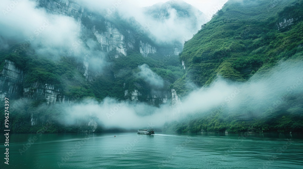 Obraz premium Green Mountains and Foggy Gorges - Scenic Chinese Landscape on River Cruise Boat Amidst