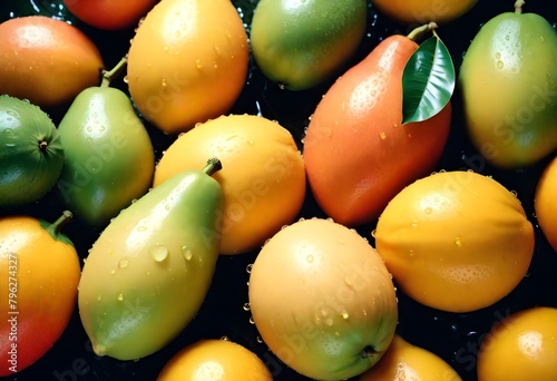Multitude variety of tropica fruits with water droplets on them macro closeup background © Lied