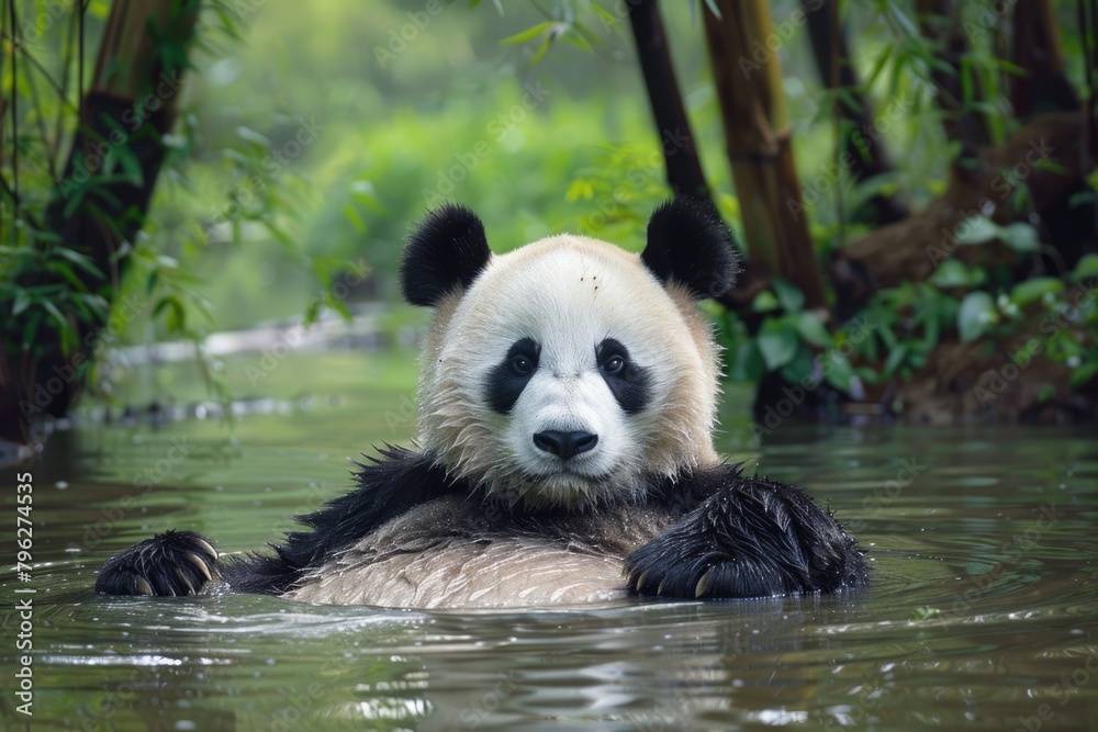 Obraz premium Giant Panda Enjoying a Relaxing Bath in Water - Adorable Asian Animal Sitting in Peace