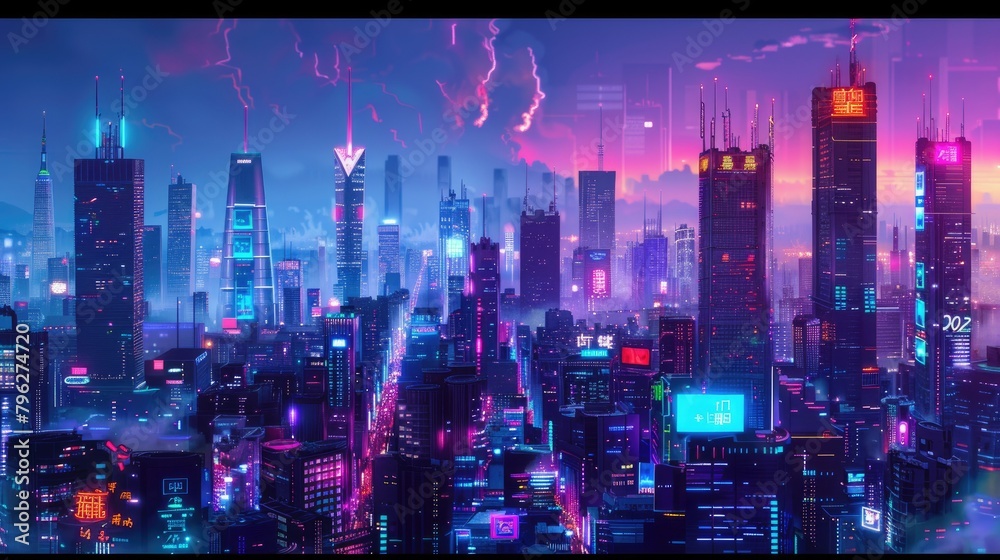 Vibrant cityscape with neon lights and futuristic skyscrapers, anime style --no characters --ar 16:9 Job ID: bfc1d77b-801a-4b58-b426-e1eb9dfbfc99