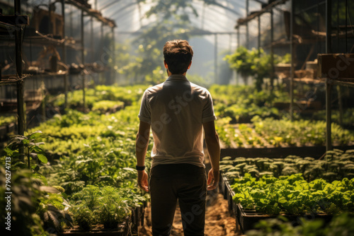 Back view of young, happy man, a gardener, is growing lettuce in a greenhouse