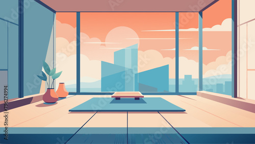 An illustration of a meditation space in a modern apartment utilizing large floortoceiling windows for a bright and airy atmosphere with a low