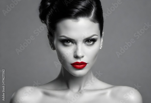 Black and white portrait of a woman model with dark tied hairs  and deep red lipstick, monochrome red © Lied