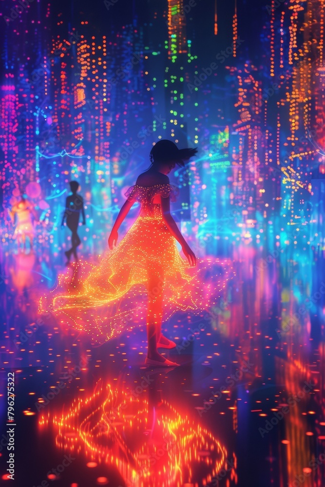 A young girl in a flowing dress and a boy dance amidst a swirl of sparkling lights at twilight.