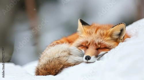 Adorable Japanese Red Fox Sleeping in Cold Autumn Snow