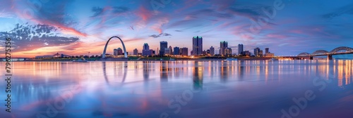 Skyline at Dusk with Iconic Arch and Urban Landscape Overlooking the Blue River 