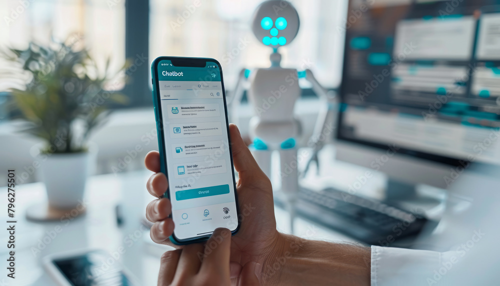 Hand holding a mobilephone with a chatbot on his screen,with the text Hand holding a mobilephone with a chatbot on his screen,with the text