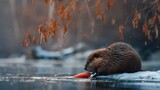 Female Beaver Nibbling on Red Carrot at Riverside in Moscow, Russia. Large Nocturnal Rodent Eating