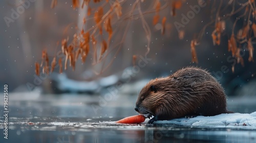 Female Beaver Nibbling on Red Carrot at Riverside in Moscow, Russia. Large Nocturnal Rodent Eating photo