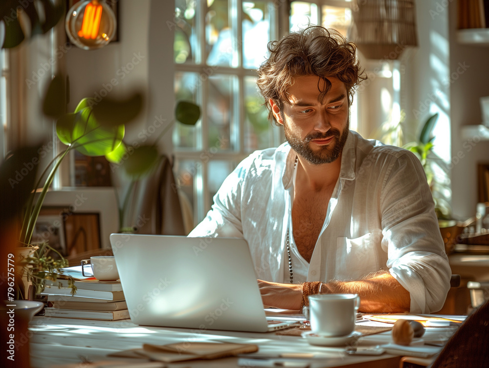 Startup owner in a minimalist, white office, deep focus on a laptop, serene morning light . Startup owner in a minimalist, white office, deep focus on a laptop, serene morning light .