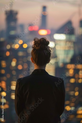 A businesswoman stands in front of a city skyline, contemplating her next move