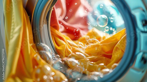 Washing machine mid-cycle with bubbles and vibrant clothes