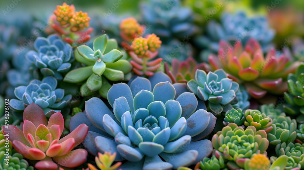 A bunch of different colored succulents are displayed in a vase A bunch of different colored succulents are displayed in a vase