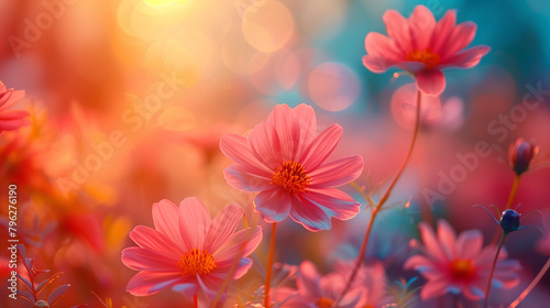 A field of pink flowers with a bright orange sun in the background © ART IS AN EXPLOSION.