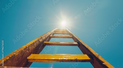  high-contrast image of a sturdy ladder extending upwards against a backdrop of a bright blue sky, symbolizing the heights that can be reached with the right tools and determination. 