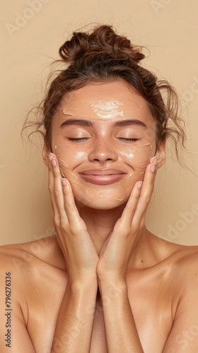 A woman with her hands on her face  applying cream. She appears serene