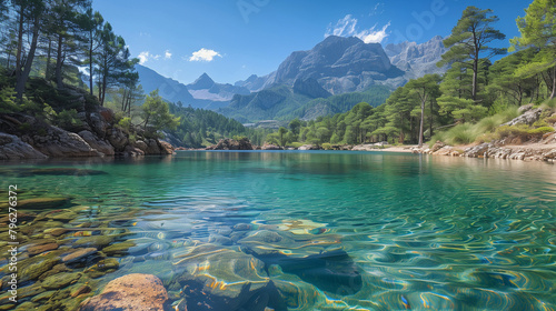 A beautiful lake surrounded by mountains with a clear blue water