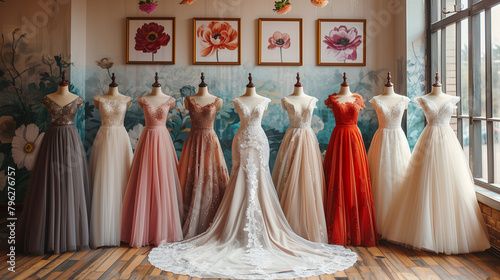 A collection of stunning wedding dresses showcases diverse styles and intricate designs in a well-lit bridal boutique . © aekkorn