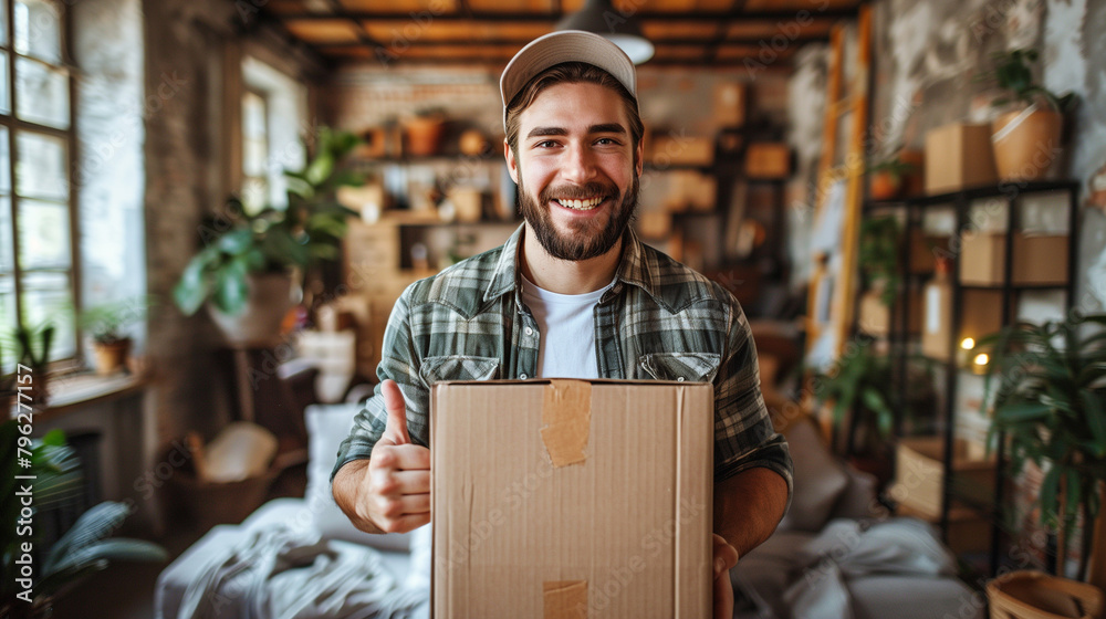 Young happy smiling employee of moving service overall standing in the living room of new house holding cardboard box and showing thumb up. Young happy smiling employee of moving service overall standing in the living room of new house holding cardboard box and showing thumb up.