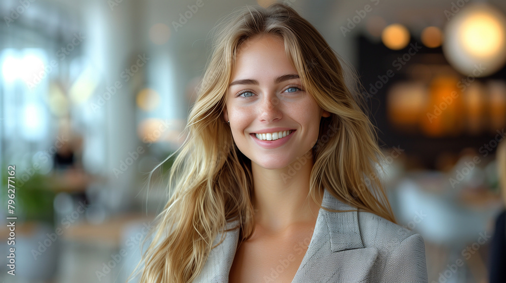 Smiling beautiful elegant businesswoman standing at lobby in a modern business office tower. Smiling beautiful elegant businesswoman standing at lobby in a modern business office tower.