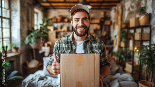 Young happy smiling employee of moving service overall standing in the living room of new house holding cardboard box and showing thumb up.