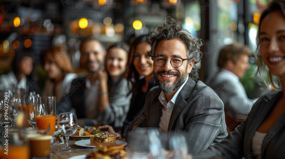 Diverse business people gathered at table during a meeting at cafe.