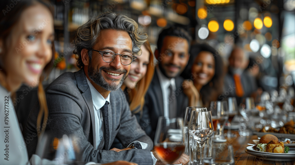 Diverse business people gathered at table during a meeting at cafe.