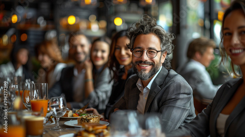 Diverse business people gathered at table during a meeting at cafe.