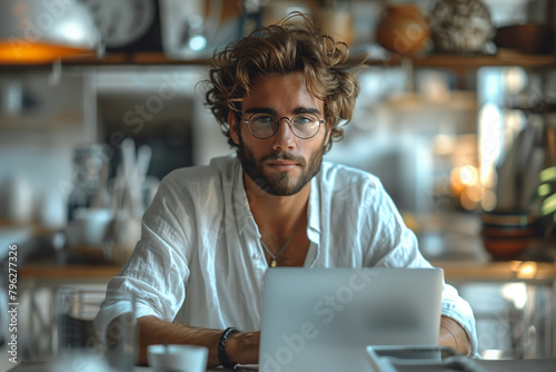 Young entrepreneur in a sleek, white office, working intently on a laptop, minimalist aesthetic.