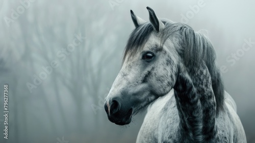 Andalusian Horse in the Mist  A Beautiful Closeup of a Grey Stud Horse Exuding Elegance and Exotic