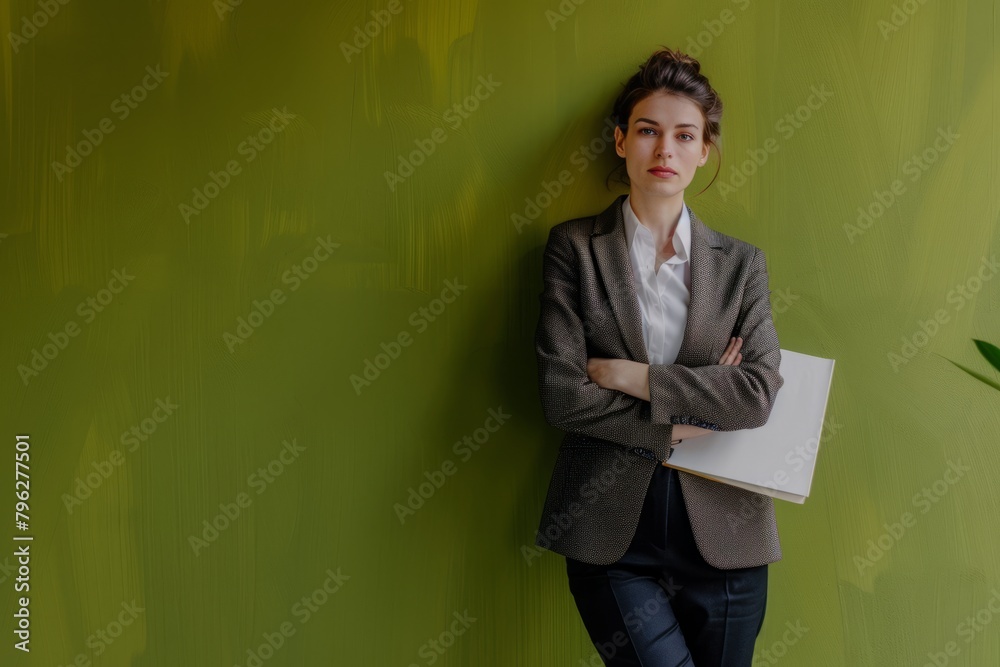 The portrait of the confident smiling career broker in front of a green background exudes professional knowledge and approachable, intellectual business woman in the modern workplace The portrait of the confident smiling career broker in front of a green background exudes professional knowledge and approachable, intellectual business woman in the modern workplace