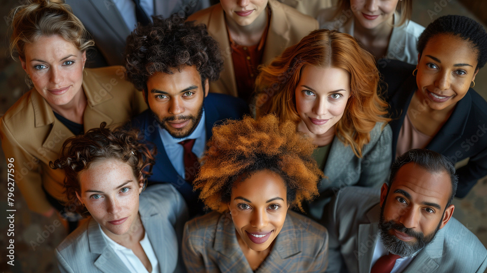 Fototapeta premium Top view high angle shot from above group portrait of businesspeople standing together, looking up at camera and smiling.