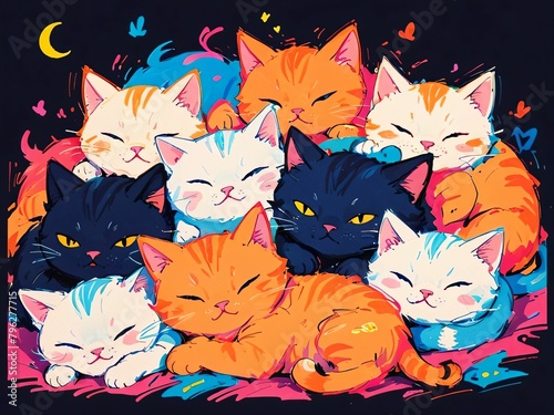 a painting of a group of cats with orange and blue colors.