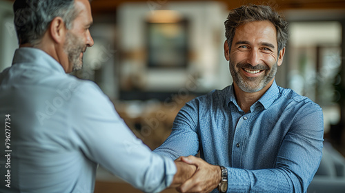 Shaking hands : Handsome middle aged man shaking hands with a financial advisor during a consultation at home. Thank you so much for your assistance. photo