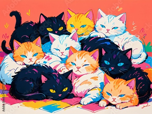 a painting of a group of cats with blue eyes